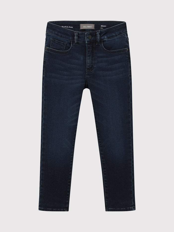 DL1961 boys' Brady Slim jeans in dark indigo blue 'Risk', flat back view.