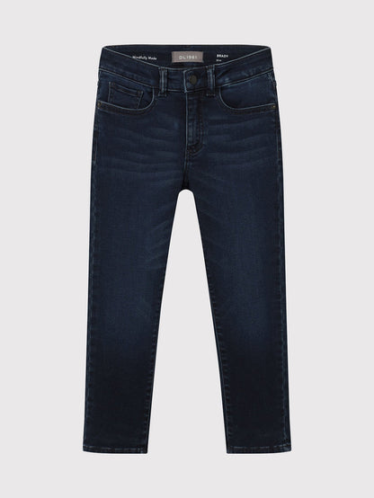 DL1961 boys' Brady Slim jeans in dark indigo blue 'Risk', flat back view.