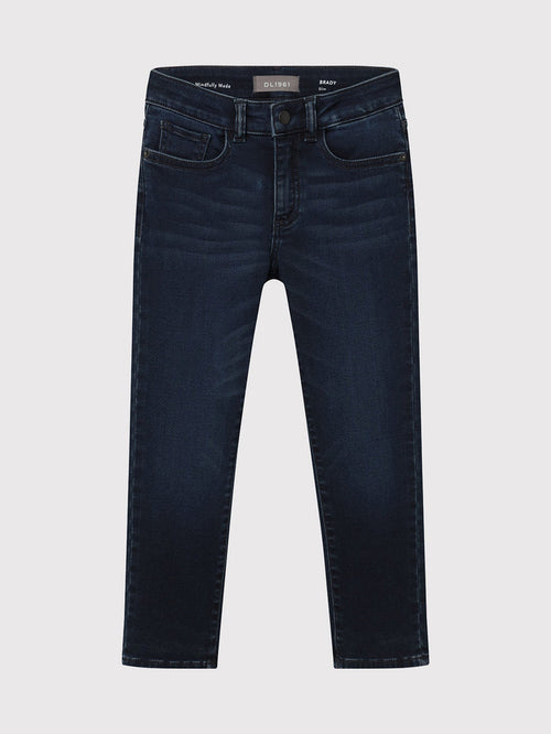 DL1961 boys' Brady Slim jeans in dark indigo blue 'Risk', flat back view.