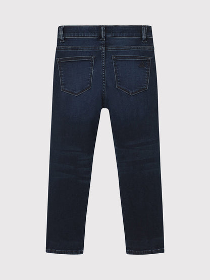 DL1961 boys' Brady Slim jeans in dark indigo blue 'Risk', flat front view.