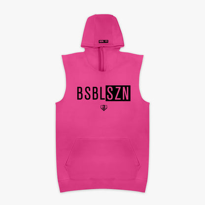 Pink sleeveless hoodie with black 'BSBLSZN' text on chest