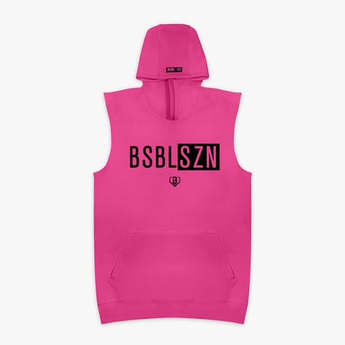 Pink sleeveless hoodie with black 'BSBLSZN' text on chest