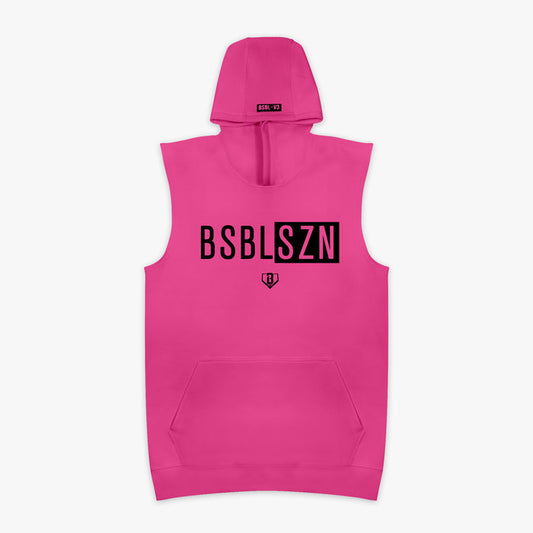 Pink sleeveless hoodie with black 'BSBLSZN' text on chest