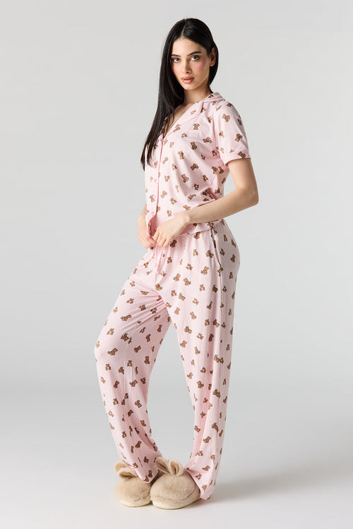 Button-Up Collared Top & Pajama Pant & Short Set (3 Pieces)