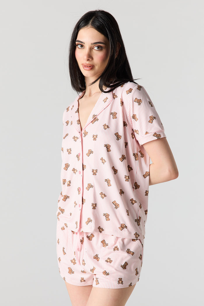 Button-Up Collared Top & Pajama Pant & Short Set (3 Pieces)