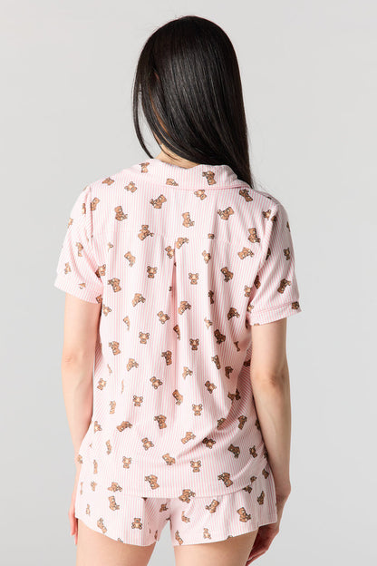 Button-Up Collared Top & Pajama Pant & Short Set (3 Pieces)