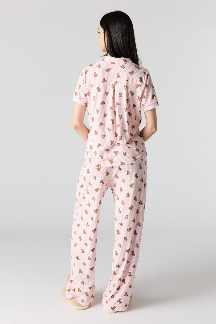 Button-Up Collared Top & Pajama Pant & Short Set (3 Pieces)