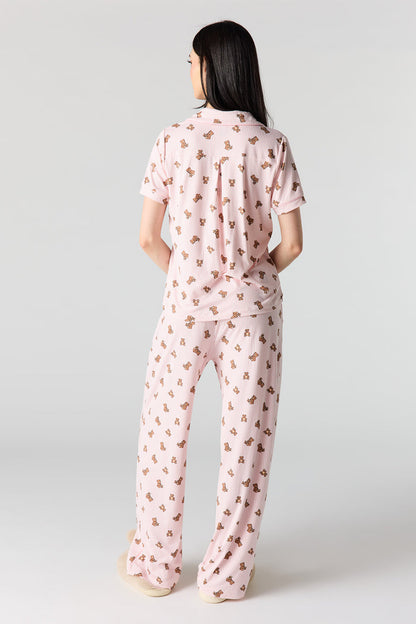 Button-Up Collared Top & Pajama Pant & Short Set (3 Pieces)