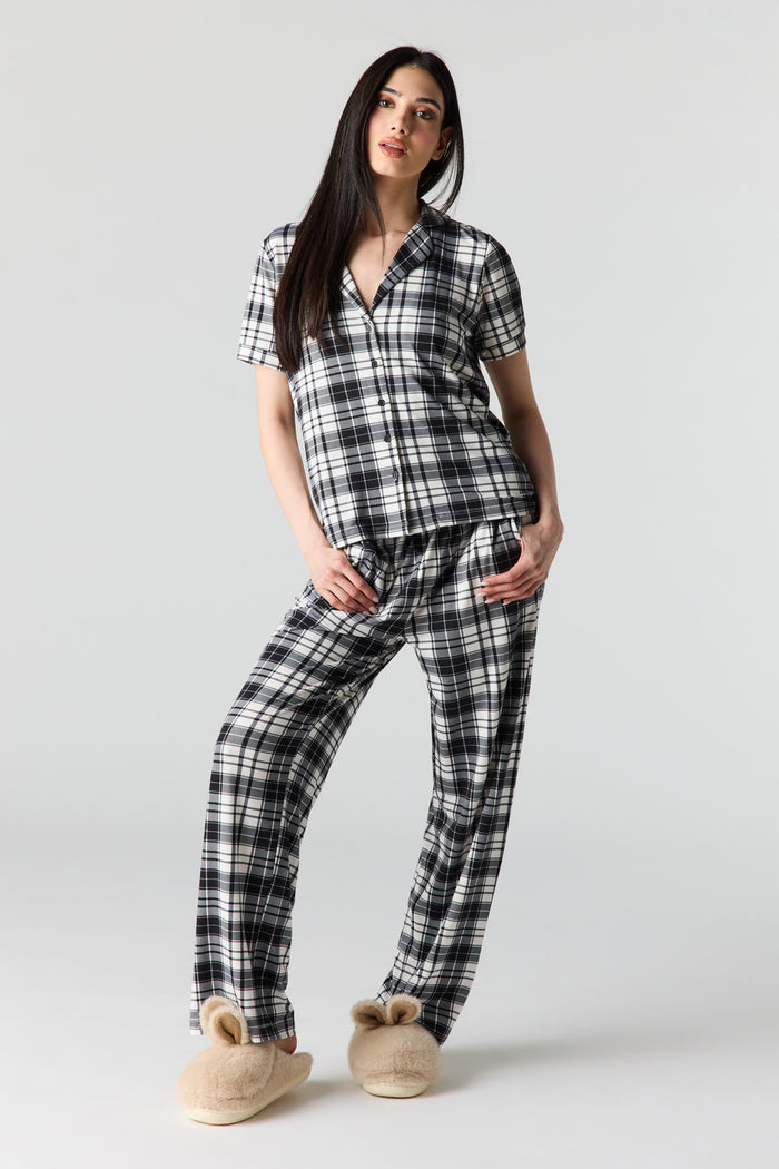 Button-Up Collared Top & Pajama Pant & Short Set (3 Pieces)