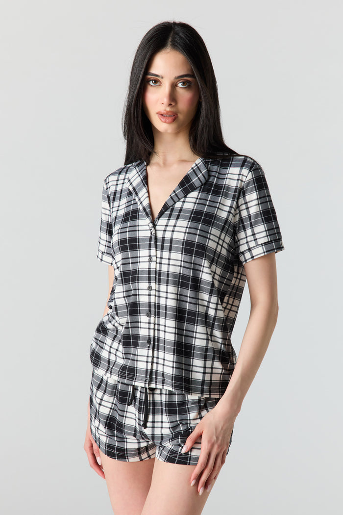 Button-Up Collared Top & Pajama Pant & Short Set (3 Pieces)