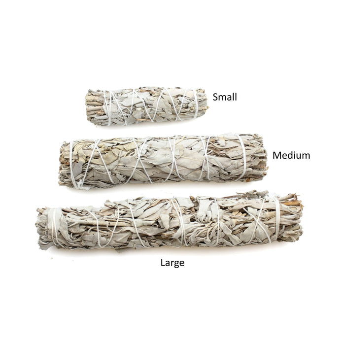 Three bundles of sage smudge sticks labeled Small, Medium, and Large on a white background.