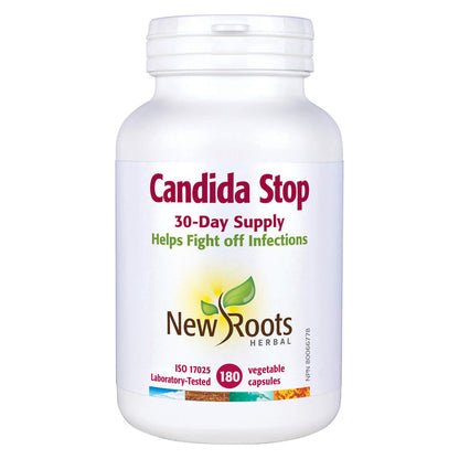 Bottle of New Roots Candida Stop 180 Vegetable Capsules