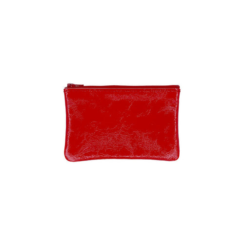 Vermilion red patent zip pouch with top zipper and flat base