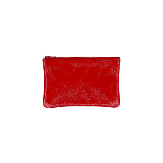 Vermilion red patent zip pouch with top zipper and flat base
