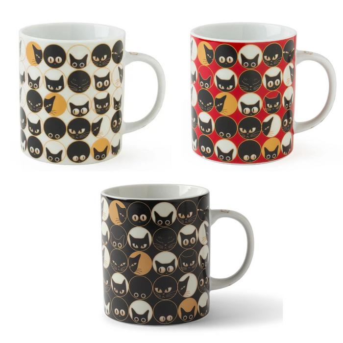 Three mugs with cat pattern designs on a white background
