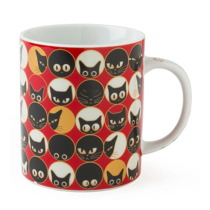 Mug with cat pattern on a red background