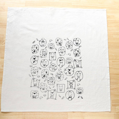 White cat kitchen tea towel with dense centered line-art cat faces and bodies