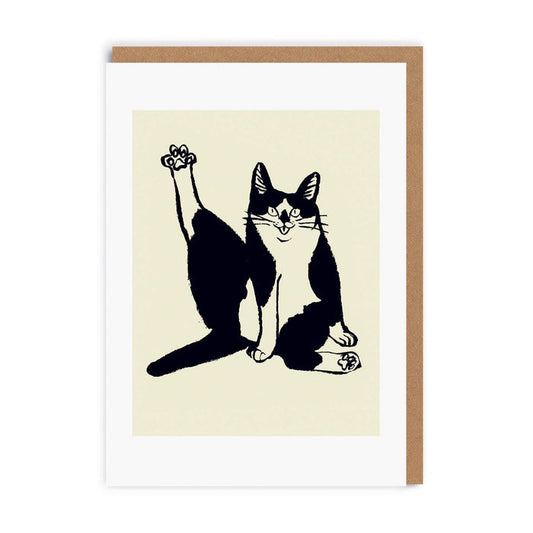 Cat pose greeting card with black cat illustration on cream insert