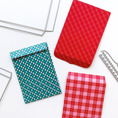 Catherine Pooler - Dies - Notecard Envelope. Create your own adorable notecard sized envelope with our Notecard Envelope Die. This pair of dies will work with our 6x6" paper to create two cut and scored pieces that you can easily adhere together to create custom envelopes. The envelope is measures at 3 3/4" x 5 1/2" and is a perfect fit for a 3.5" x 5" CP Notecard or 4 Bar sized card base. Available at Embellish Away located in Bowmanville Ontario Canada. patterned paper die cut examples.