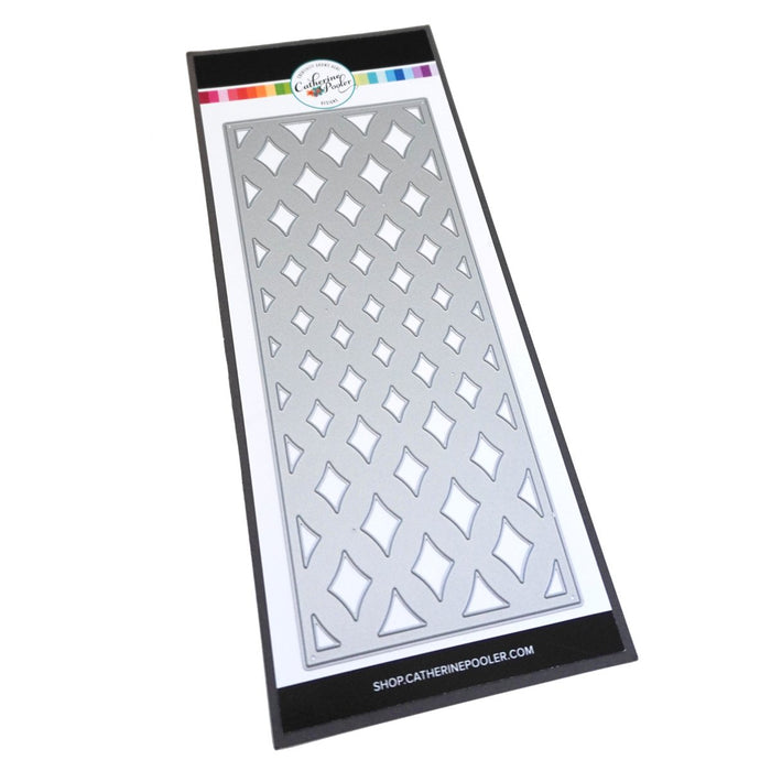 Catherine Pooler - Slimline Cover Plate Die - Marquise. The Marquise Slimline Cover Plate die has a gradient diamond pattern that mirrors the shape of a marquise cut. This cover plate will add wonderful texture to a classy card just layered on white over white. You could also blend some colors behind it to create a sparkly bit of movement on your card.  The Marquise Slimline Die measures 3.5" x 8.5". Available at Embellish Away located in Bowmanville Ontario Canada.
