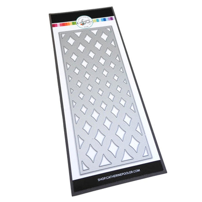 Catherine Pooler - Slimline Cover Plate Die - Marquise. The Marquise Slimline Cover Plate die has a gradient diamond pattern that mirrors the shape of a marquise cut. This cover plate will add wonderful texture to a classy card just layered on white over white. You could also blend some colors behind it to create a sparkly bit of movement on your card.  The Marquise Slimline Die measures 3.5" x 8.5". Available at Embellish Away located in Bowmanville Ontario Canada.