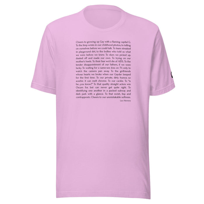 Lilac unisex t-shirt with Cheers to Growing Up Gay prose by Leo Herrera in black text, ghost mannequin front view, Adam's Nest Provincetown
