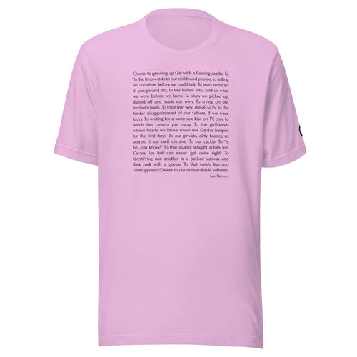Lilac unisex t-shirt with Cheers to Growing Up Gay prose by Leo Herrera in black text, ghost mannequin front view, Adam's Nest Provincetown
