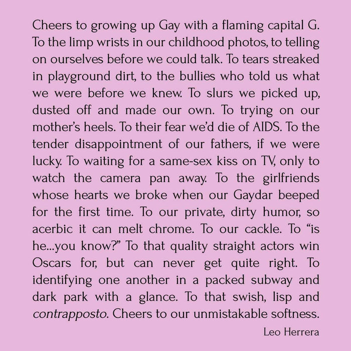 Cheers to Growing Up Gay prose by Leo Herrera in black text
