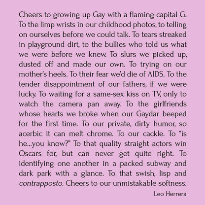 Cheers to Growing Up Gay prose by Leo Herrera in black text