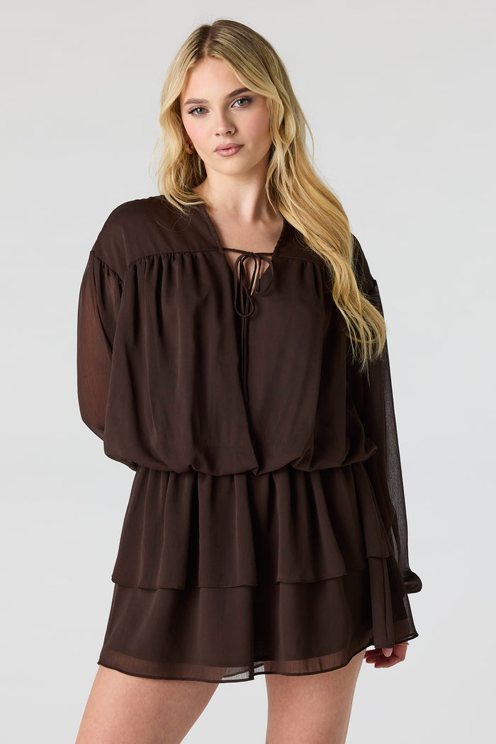 Chiffon Tiered Long Sleeve Mini Dress