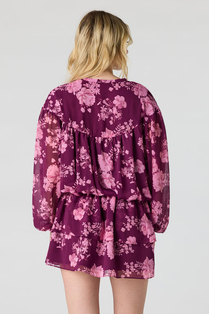Chiffon Tiered Long Sleeve Mini Dress