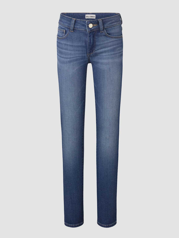 DL1961 girls' Chloe Skinny jeans in mid-wash blue 'Parula', flat front view.