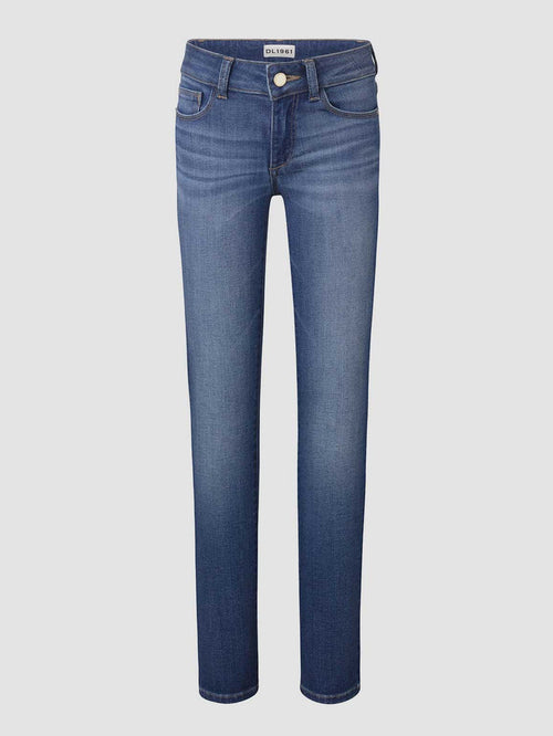 DL1961 girls' Chloe Skinny jeans in mid-wash blue 'Parula', flat front view.