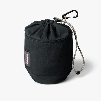 Black cinch drawstring pouch with carabiner clip and braided rope drawcord