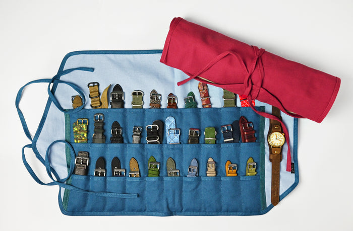 Classic Blue Canvas Watch Strap Roll (30 Pockets)