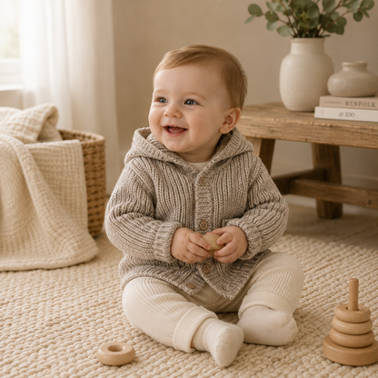 Baby Wearing Classic Chunky Knit Baby Hooded Jacket, Organic Cotton by Viverano
