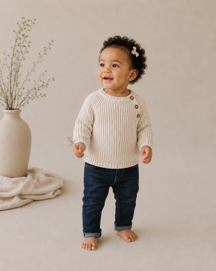Baby Girl Wearing Classic Chunky Knit Baby Pullover Sweater, Organic Cotton by Viverano