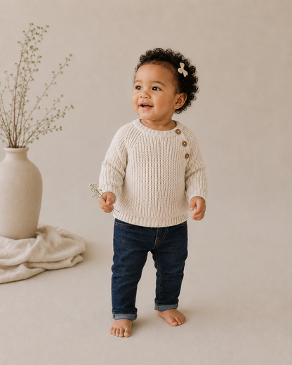 Baby Girl Wearing Classic Chunky Knit Baby Pullover Sweater, Organic Cotton by Viverano