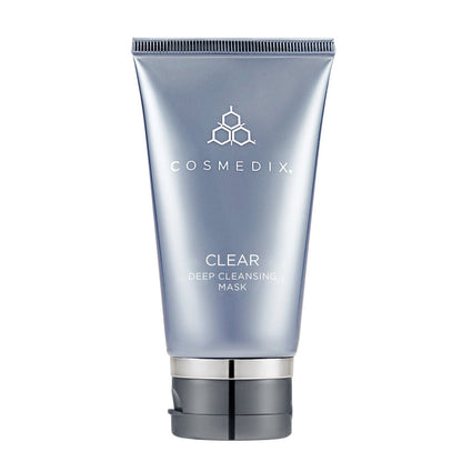 CosMedix Clear Deep Cleansing Mask tube close-up with a metallic cap and blue silver packaging