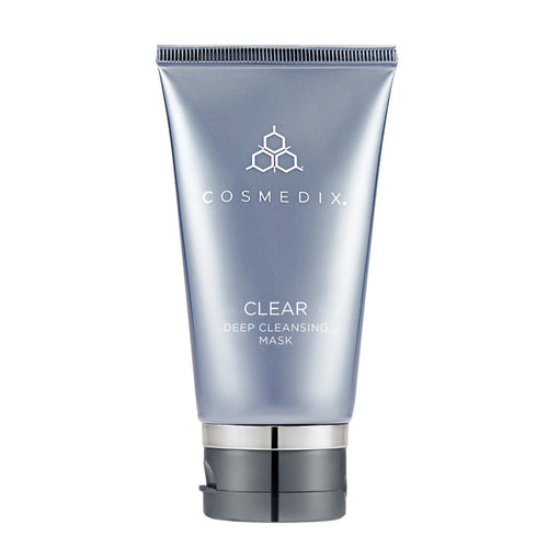 CosMedix Clear Deep Cleansing Mask tube close-up with a metallic cap and blue silver packaging