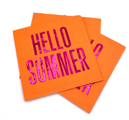 Hello Summer orange foil cocktail napkins by Soiree Sisters, 20-pack, featuring bright summer-themed design and metallic foil accents.