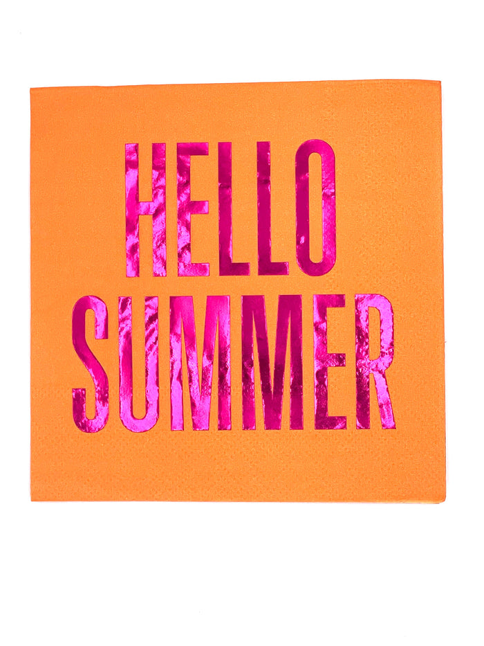 Hello Summer Orange Foil Cocktail Napkins by Soiree Sisters, set of 20, featuring vibrant orange and foil design for parties
