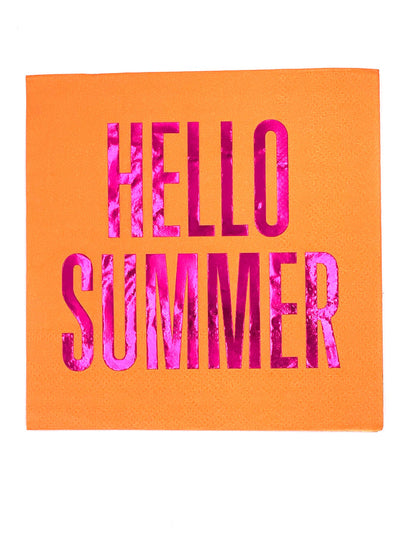 Hello Summer Orange Foil Cocktail Napkins by Soiree Sisters, set of 20, featuring vibrant orange and foil design for parties