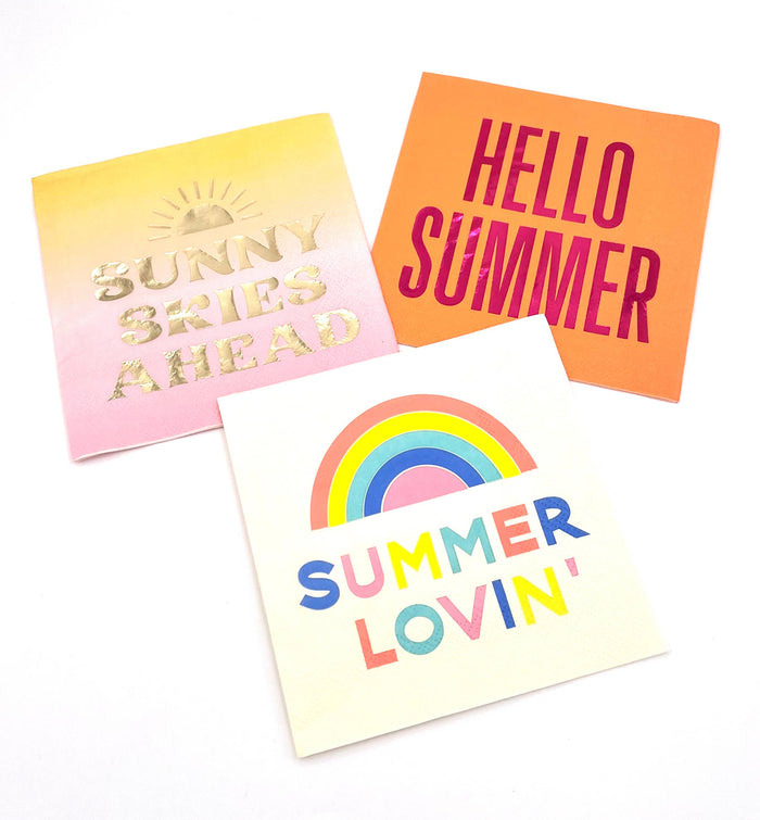 Hello Summer Orange foil cocktail napkins by Soiree Sisters, 20 count, featuring bright summer-themed design and vibrant orange color.