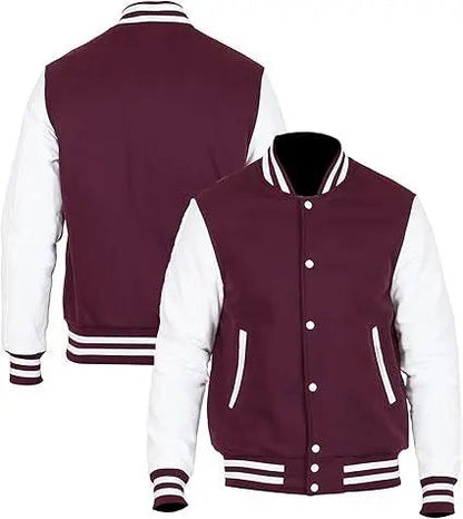 Wool Varsity Jacket: Faux Leather Sleeves, American College Style jacket - Duazan
