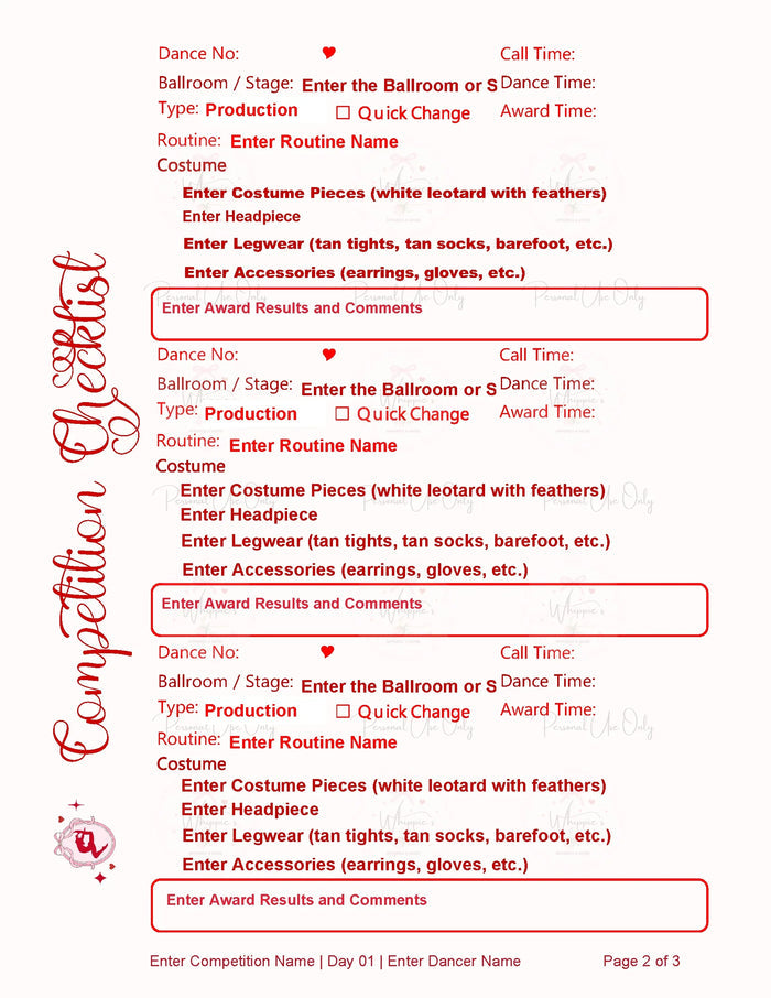 Template for a dance competition checklist with red text on a white background