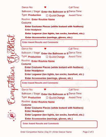 Template for a dance competition checklist with red text on a white background