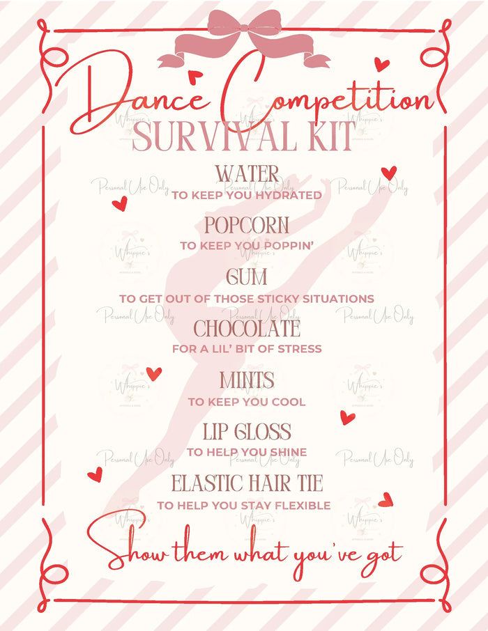 Dance competition survival kit list with decorative elements on a striped background