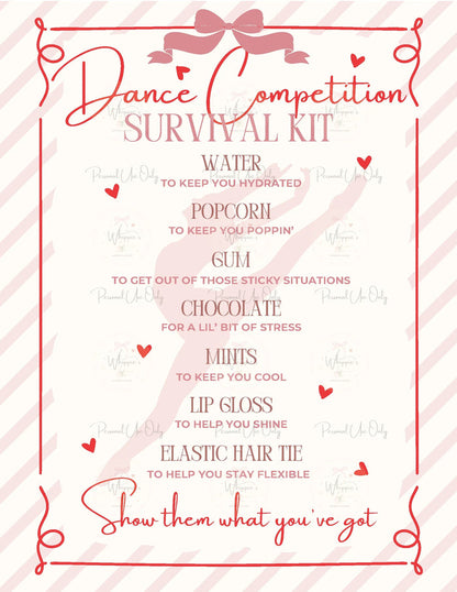 Dance competition survival kit list with decorative elements on a striped background