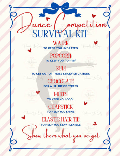Dance competition survival kit list with a dancer illustration on a striped background